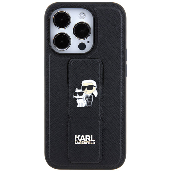 Pouzdro MagSafe pro Apple iPhone 14 Pro, Karl Lagerfeld, Saffiano Gripstand Karl & Choupette, Černá