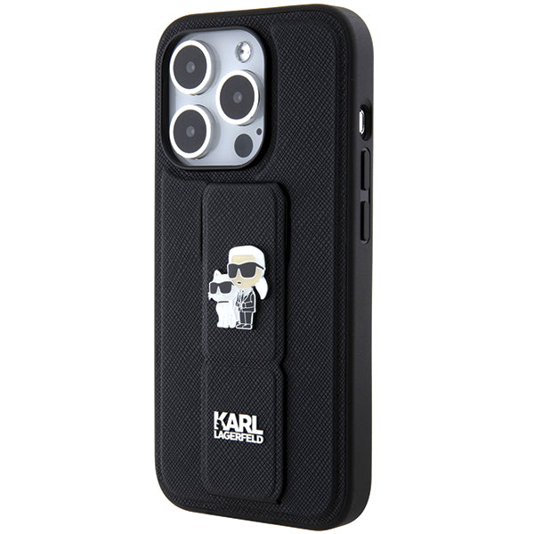 Pouzdro MagSafe pro Apple iPhone 14 Pro, Karl Lagerfeld, Saffiano Gripstand Karl & Choupette, Černá