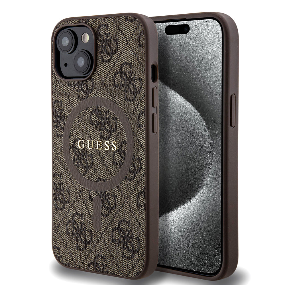 Pouzdro MagSafe pro Apple iPhone 15, Guess, 4G Collection, Hnědá
