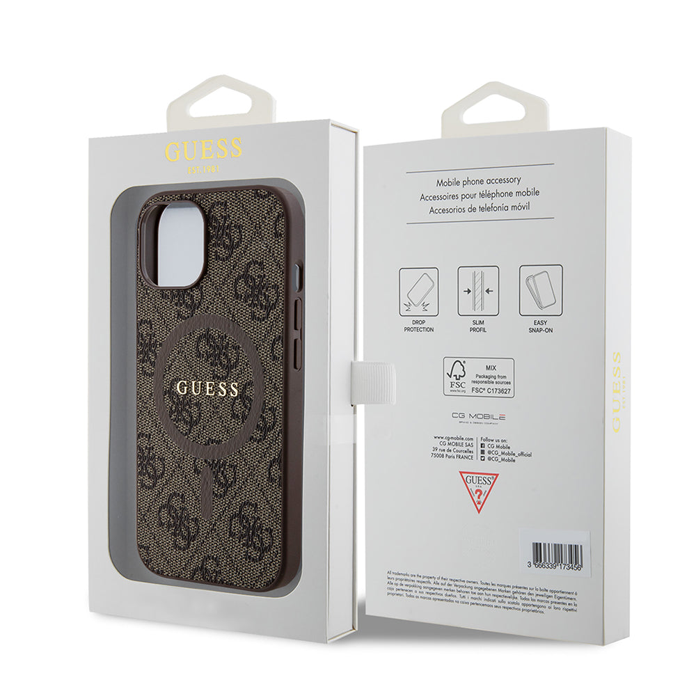 Pouzdro MagSafe pro Apple iPhone 15, Guess, 4G Collection, Hnědá