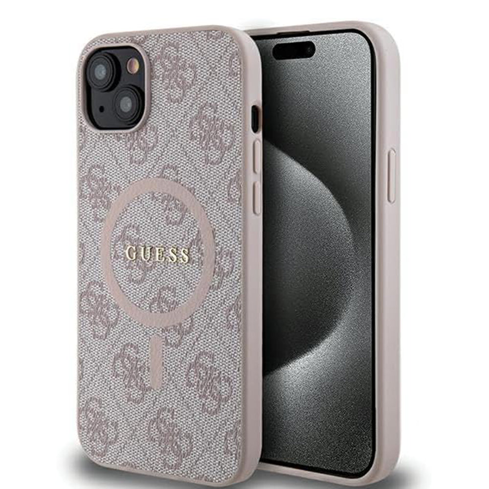 Pouzdro MagSafe pro Apple iPhone 15, Guess, 4G Collection, Růžová
