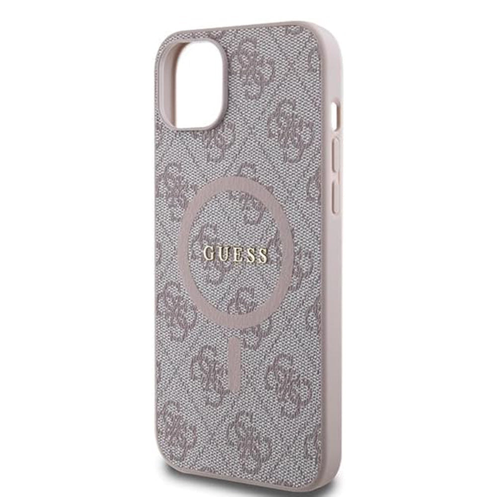 Pouzdro MagSafe pro Apple iPhone 15, Guess, 4G Collection, Růžová