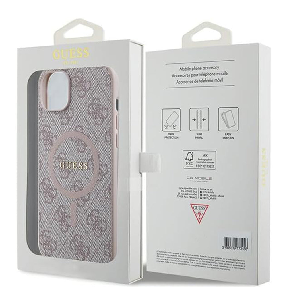Pouzdro MagSafe pro Apple iPhone 15, Guess, 4G Collection, Růžová