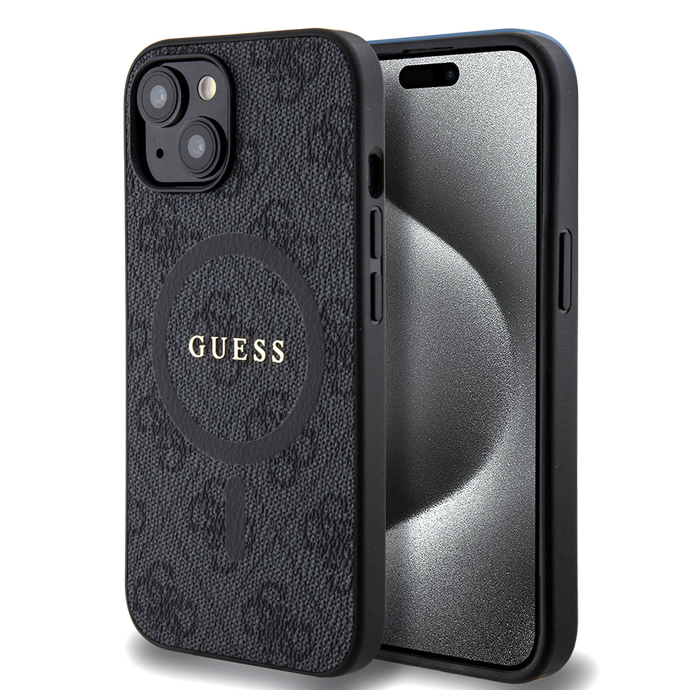 Pouzdro MagSafe pro Apple iPhone 15, Guess, 4G Ring Classic Logo, Černá