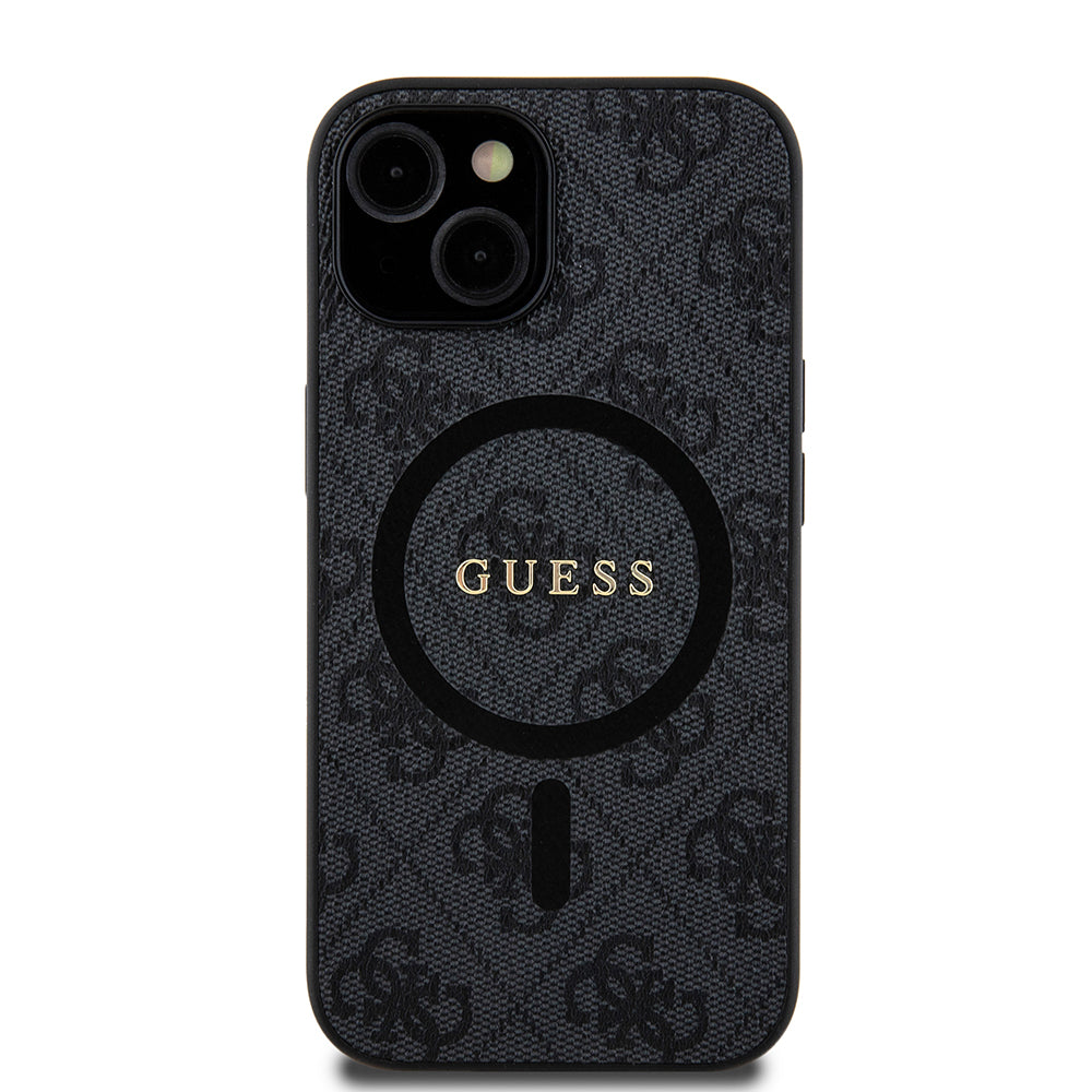 Pouzdro MagSafe pro Apple iPhone 15, Guess, 4G Ring Classic Logo, Černá
