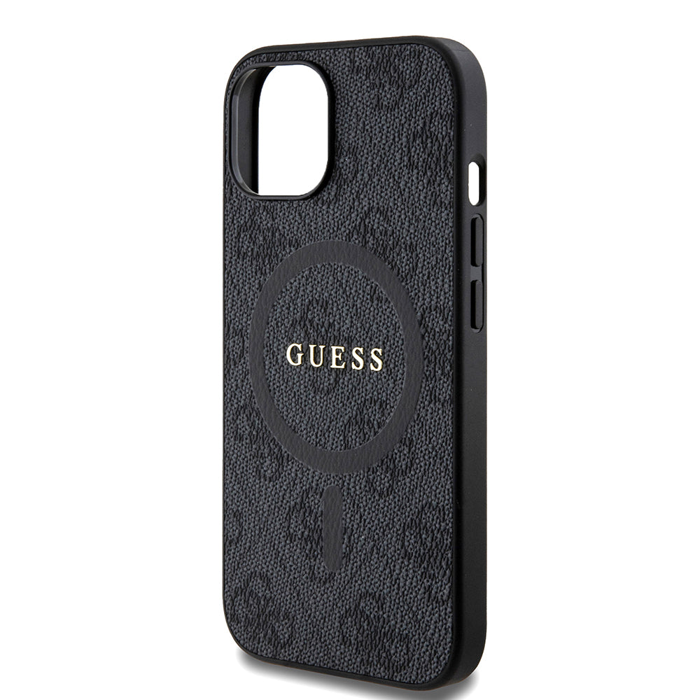 Pouzdro MagSafe pro Apple iPhone 15, Guess, 4G Ring Classic Logo, Černá