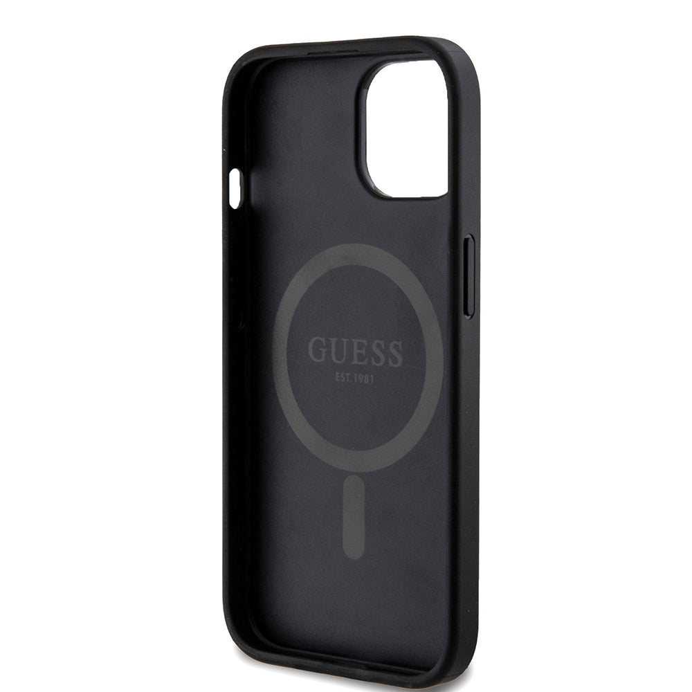 Pouzdro MagSafe pro Apple iPhone 15, Guess, 4G Ring Classic Logo, Černá