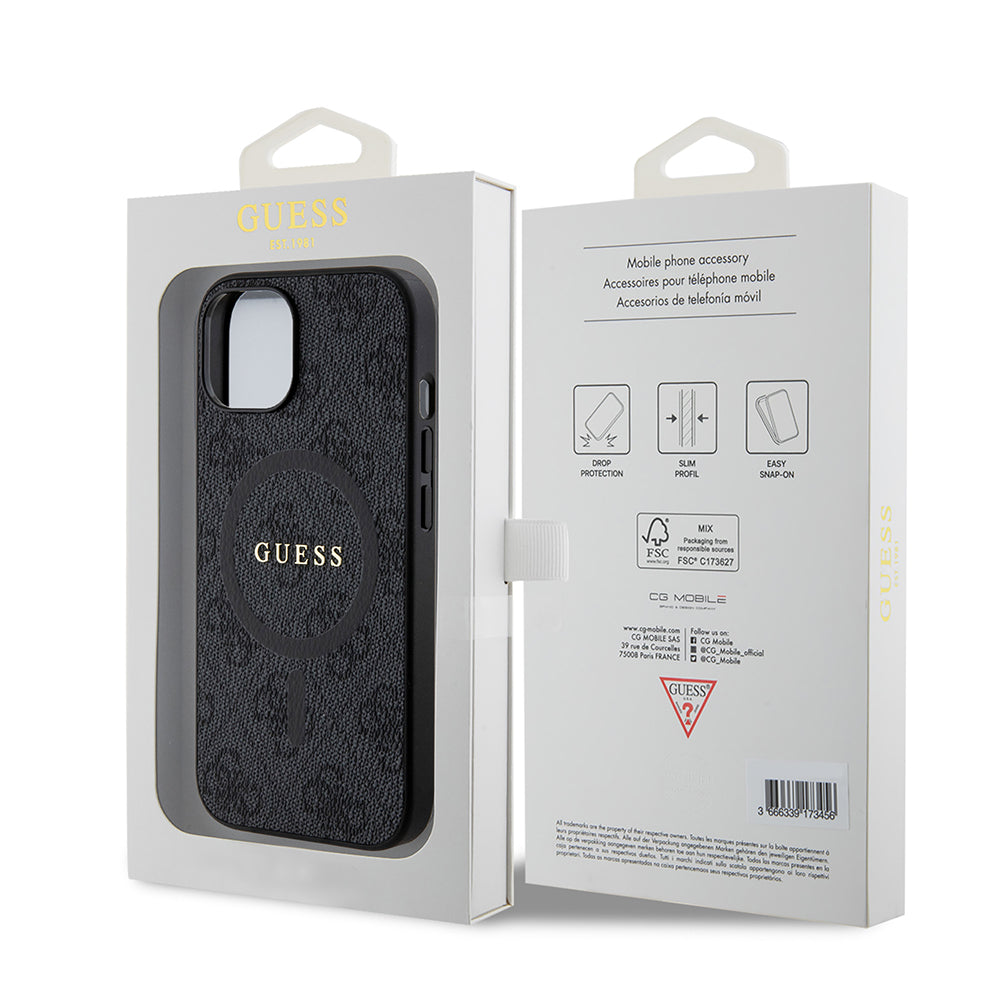 Pouzdro MagSafe pro Apple iPhone 15, Guess, 4G Ring Classic Logo, Černá