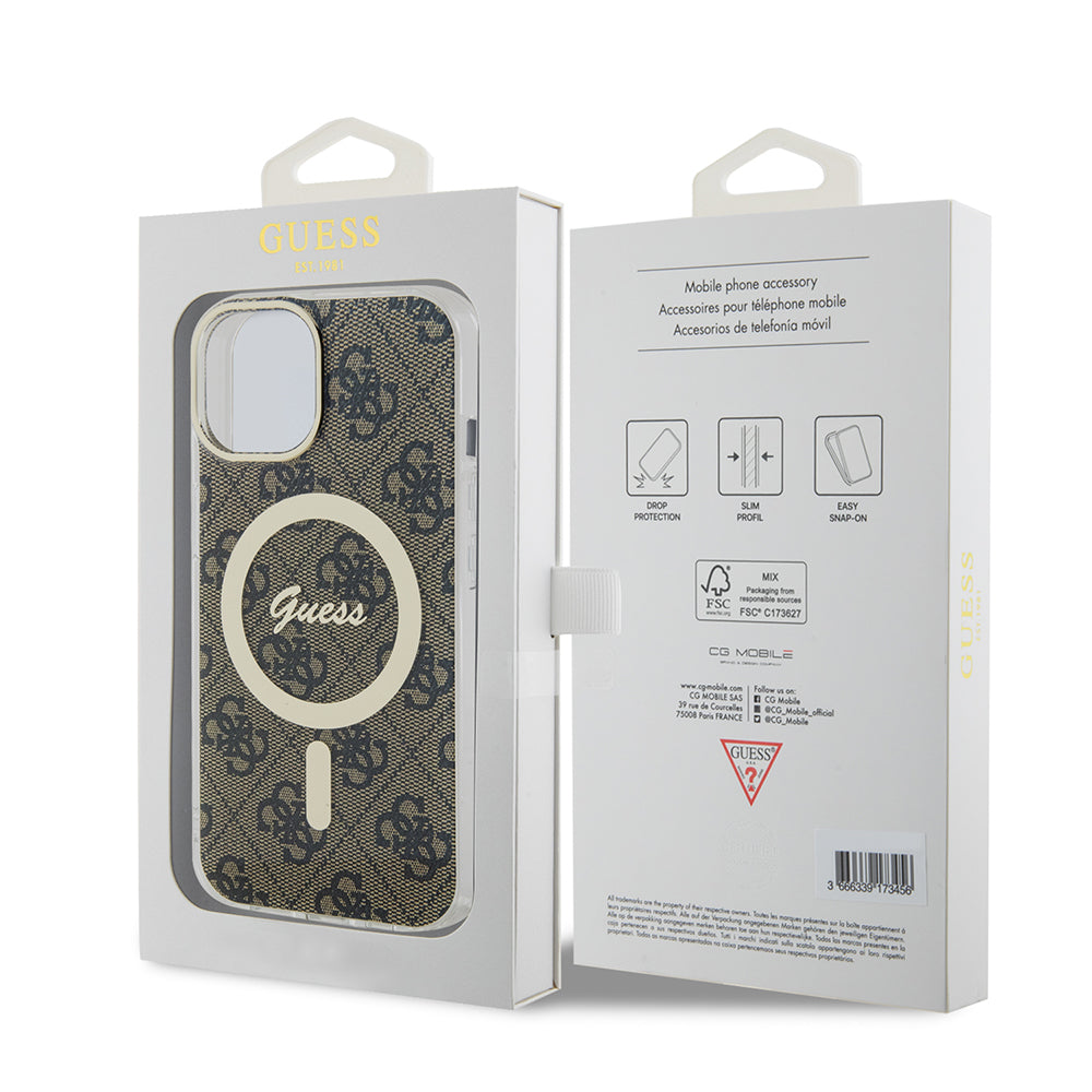 Pouzdro MagSafe pro Apple iPhone 15, Guess, IML 4G, Hnědá