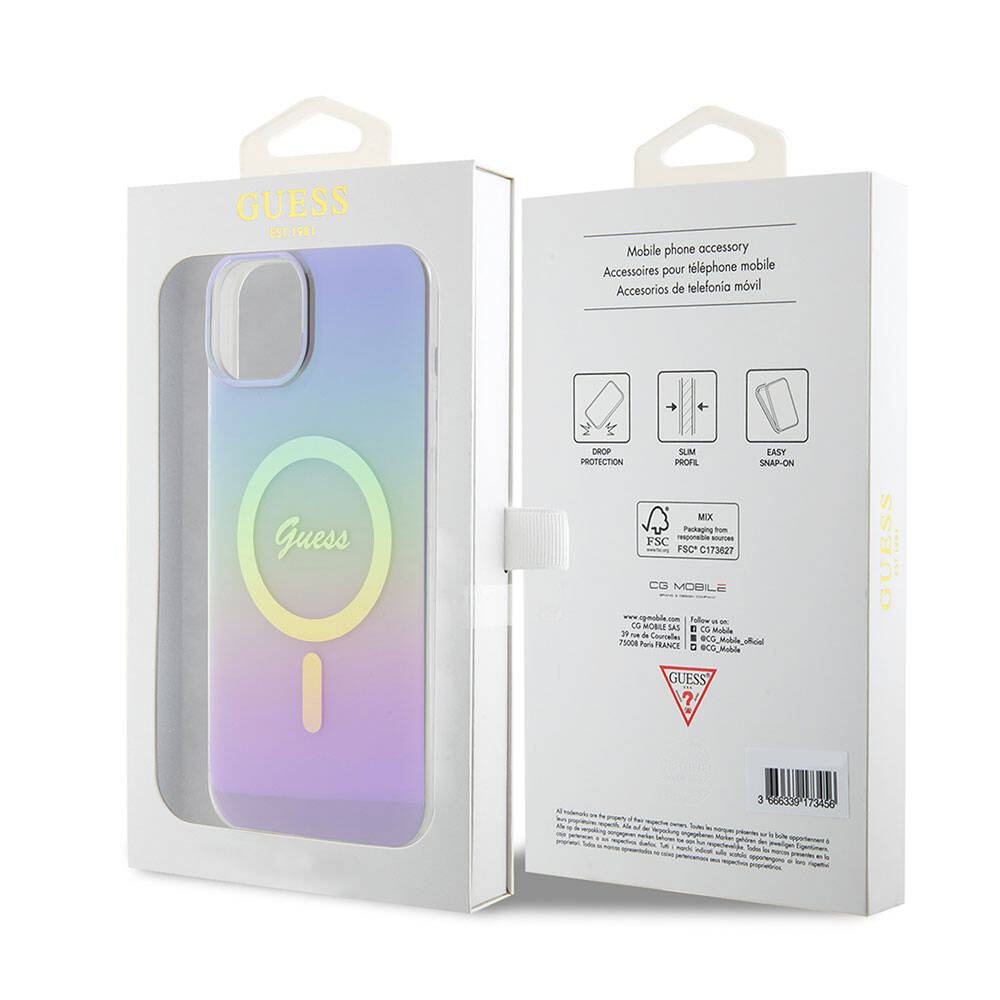 Pouzdro MagSafe pro Apple iPhone 15, Guess, IML Iridescent, Fialová