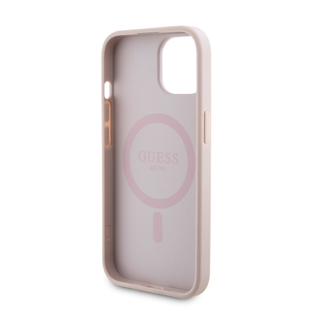 Pouzdro MagSafe pro Apple iPhone 15, Guess, Powerbank 4G Metal Logo, Růžové