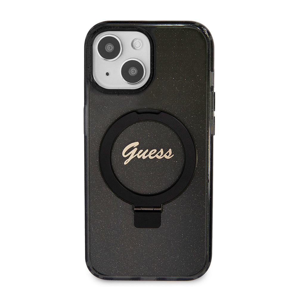Pouzdro MagSafe pro Apple iPhone 15, Guess, Ring Stand Script Glitter, Černá