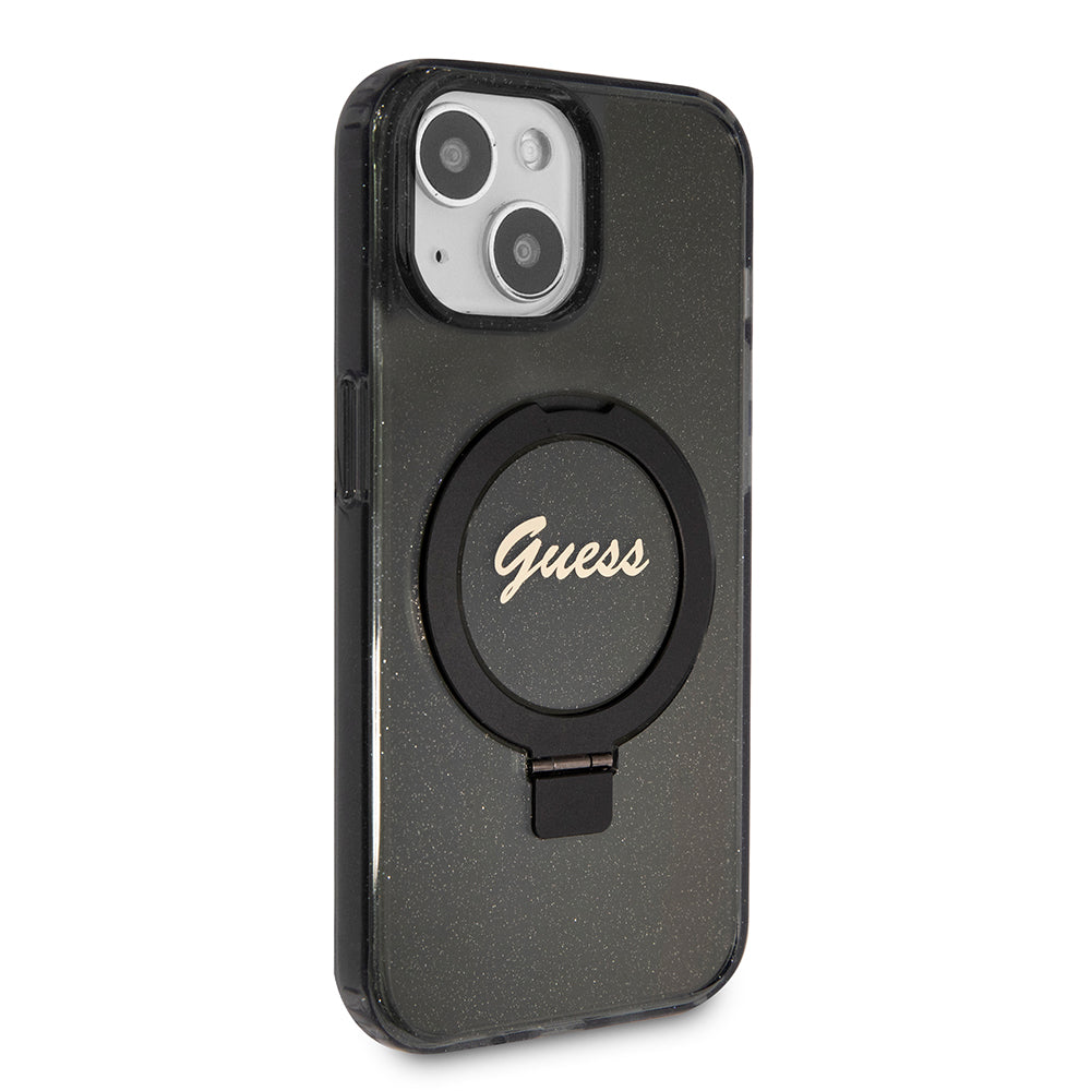 Pouzdro MagSafe pro Apple iPhone 15, Guess, Ring Stand Script Glitter, Černá