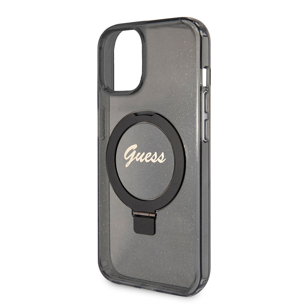 Pouzdro MagSafe pro Apple iPhone 15, Guess, Ring Stand Script Glitter, Černá