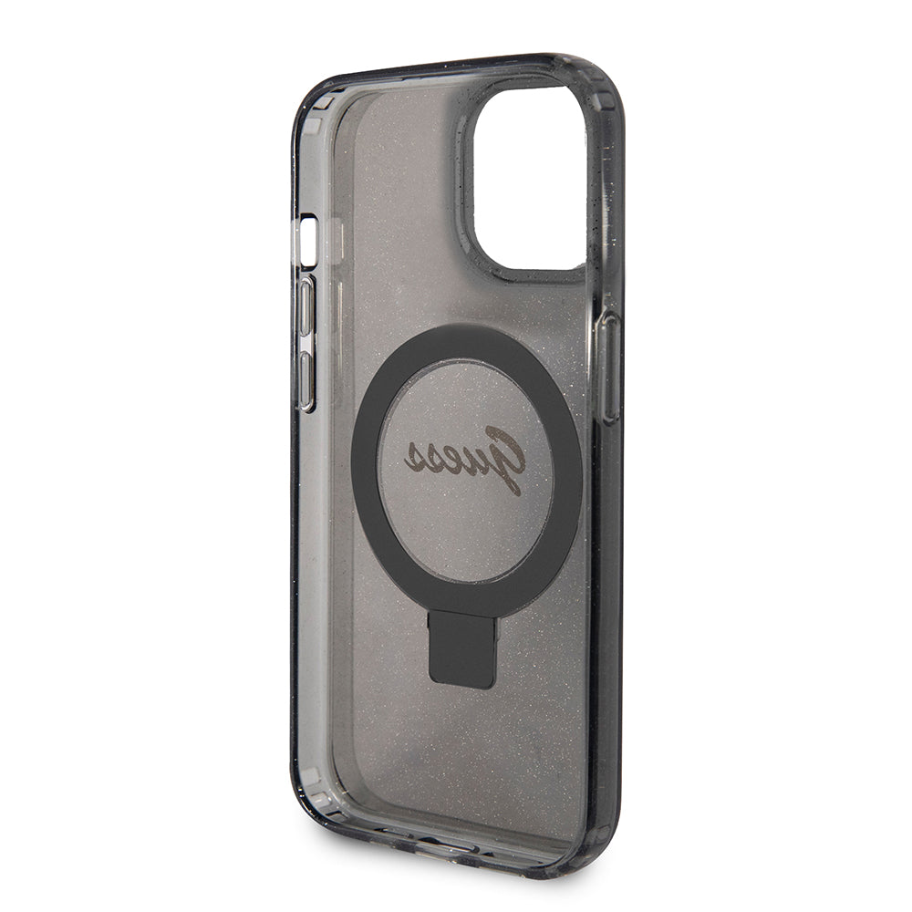 Pouzdro MagSafe pro Apple iPhone 15, Guess, Ring Stand Script Glitter, Černá