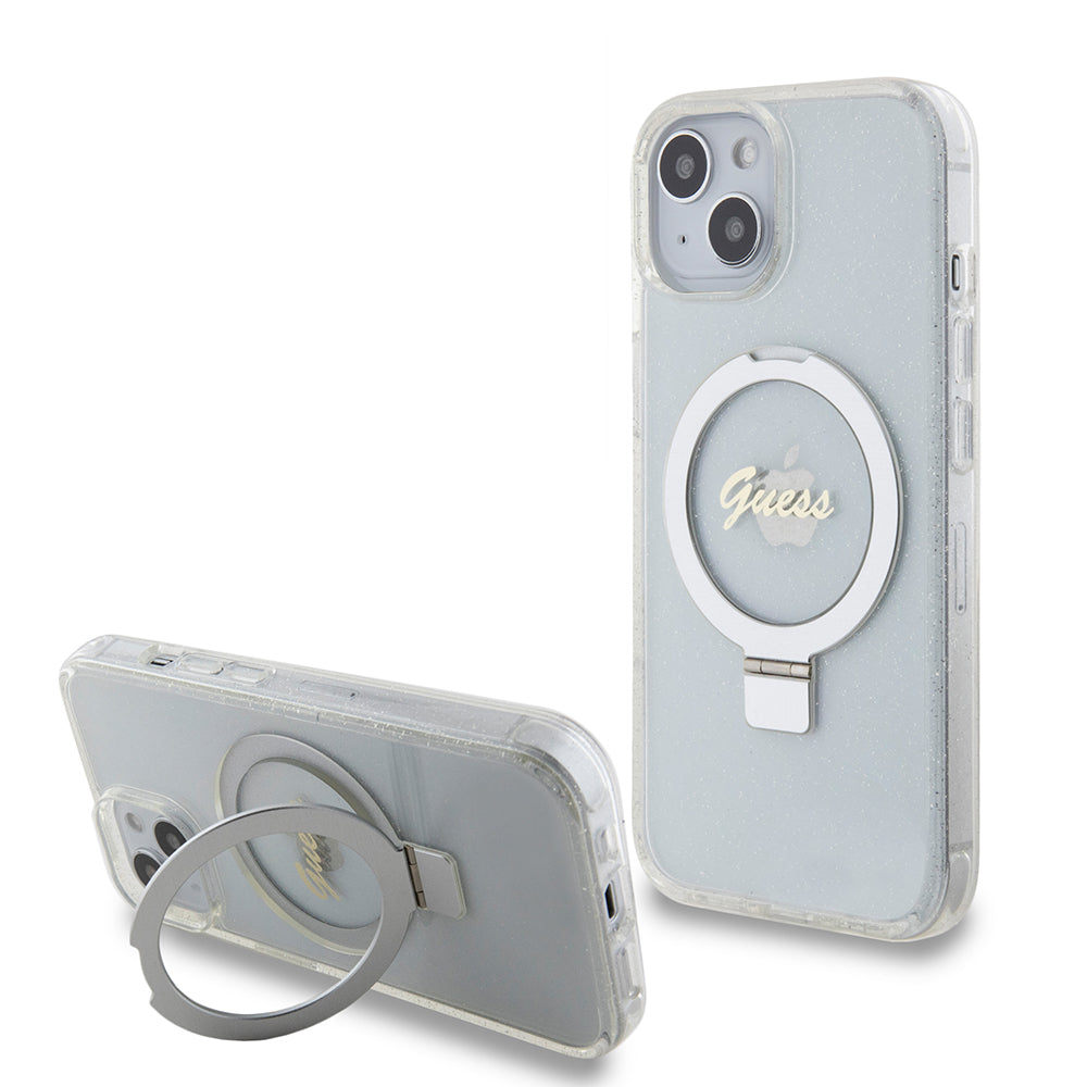 Pouzdro MagSafe pro Apple iPhone 15, Guess, Ring Stand Script Glitter, Průhledné