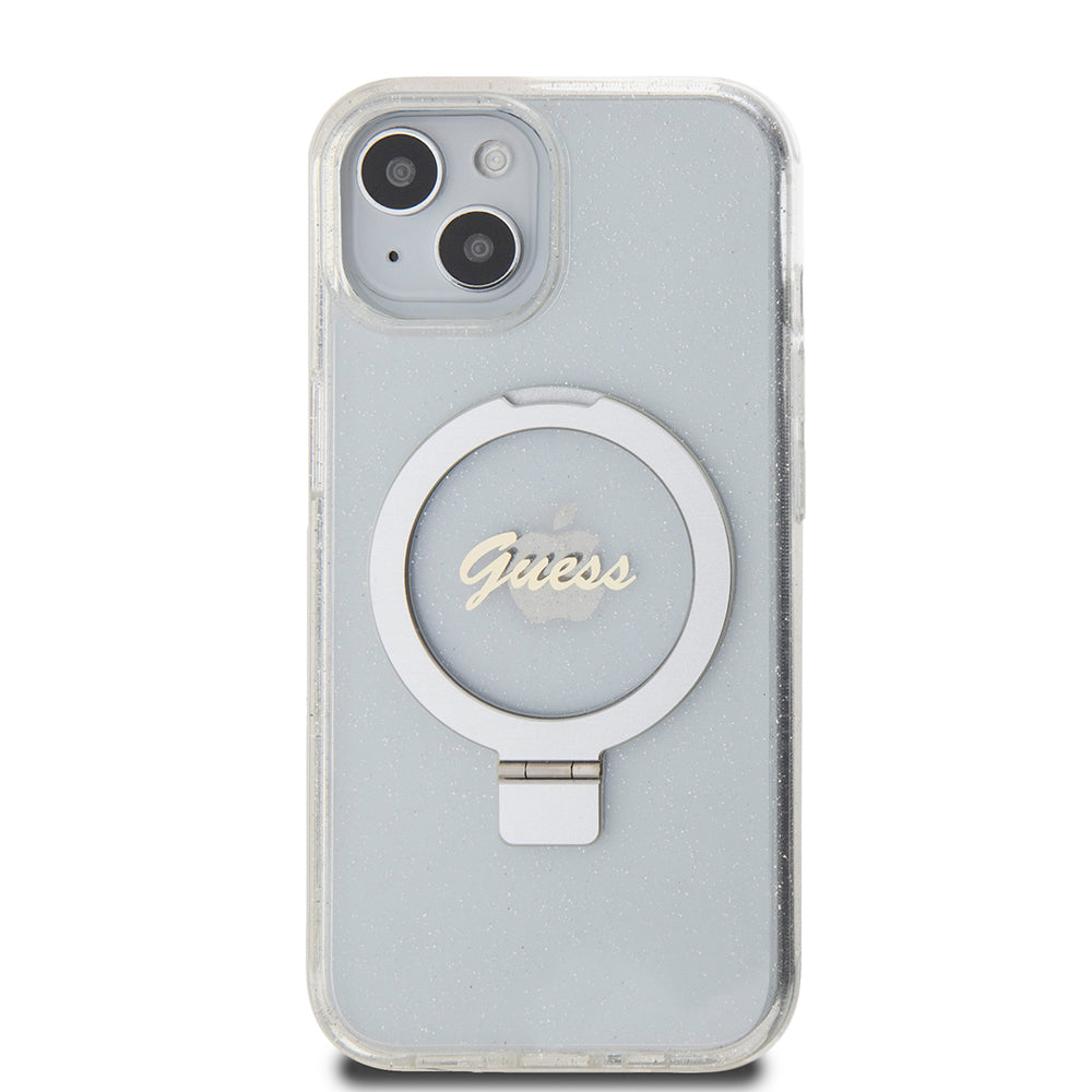 Pouzdro MagSafe pro Apple iPhone 15, Guess, Ring Stand Script Glitter, Průhledné