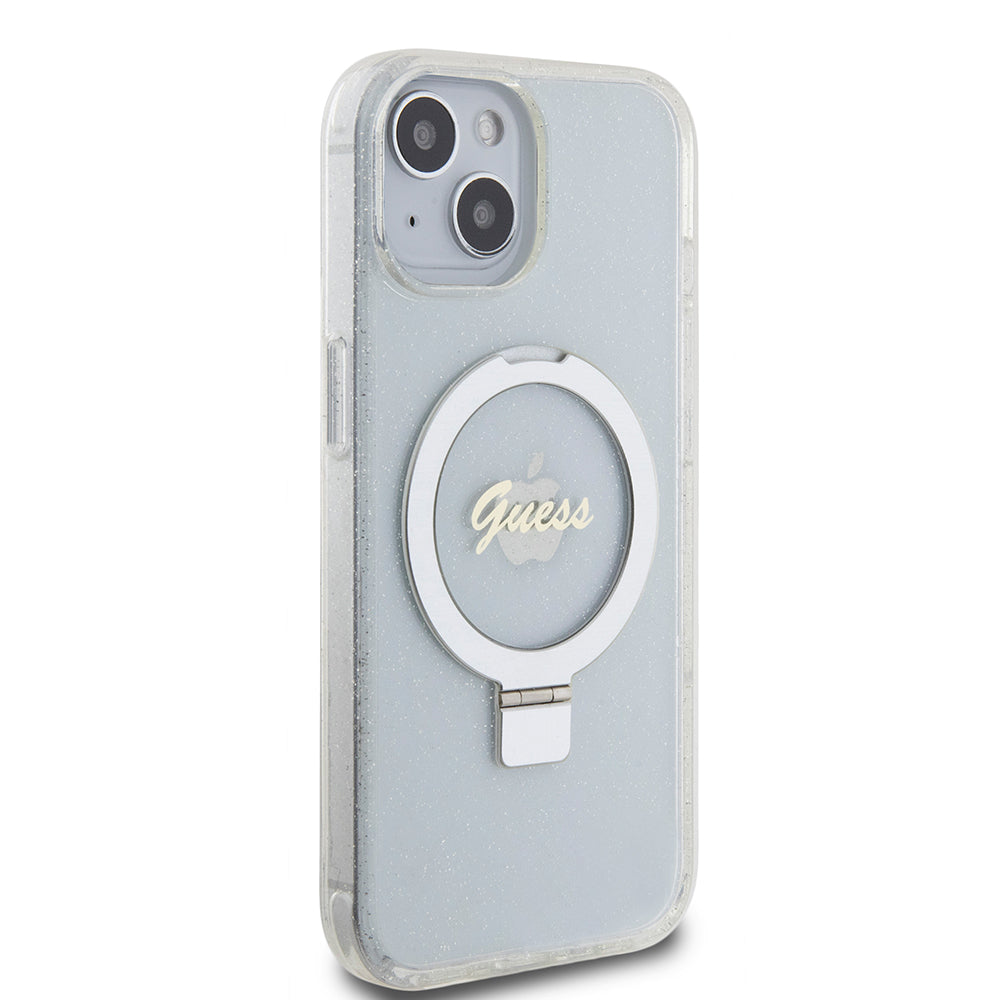 Pouzdro MagSafe pro Apple iPhone 15, Guess, Ring Stand Script Glitter, Průhledné