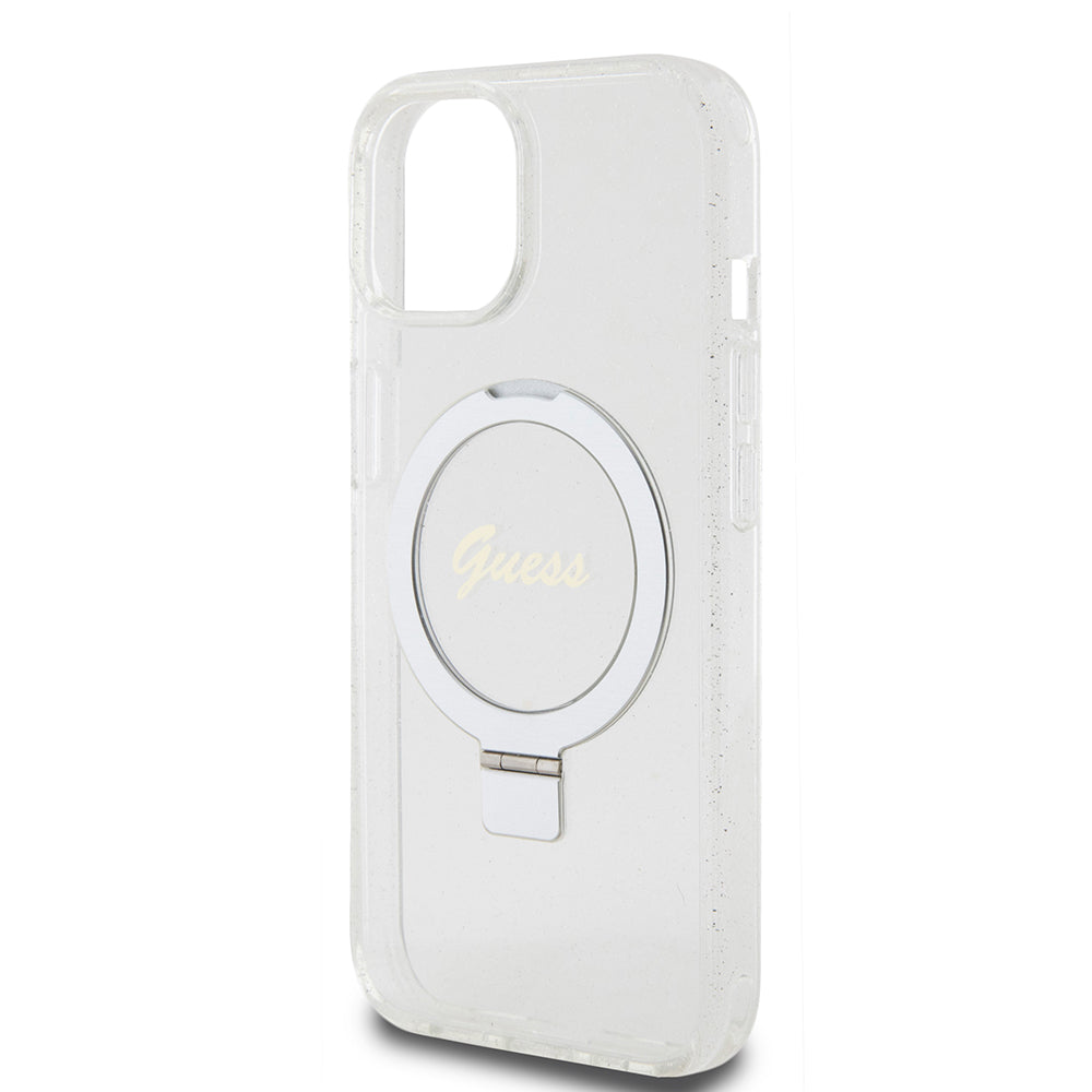 Pouzdro MagSafe pro Apple iPhone 15, Guess, Ring Stand Script Glitter, Průhledné