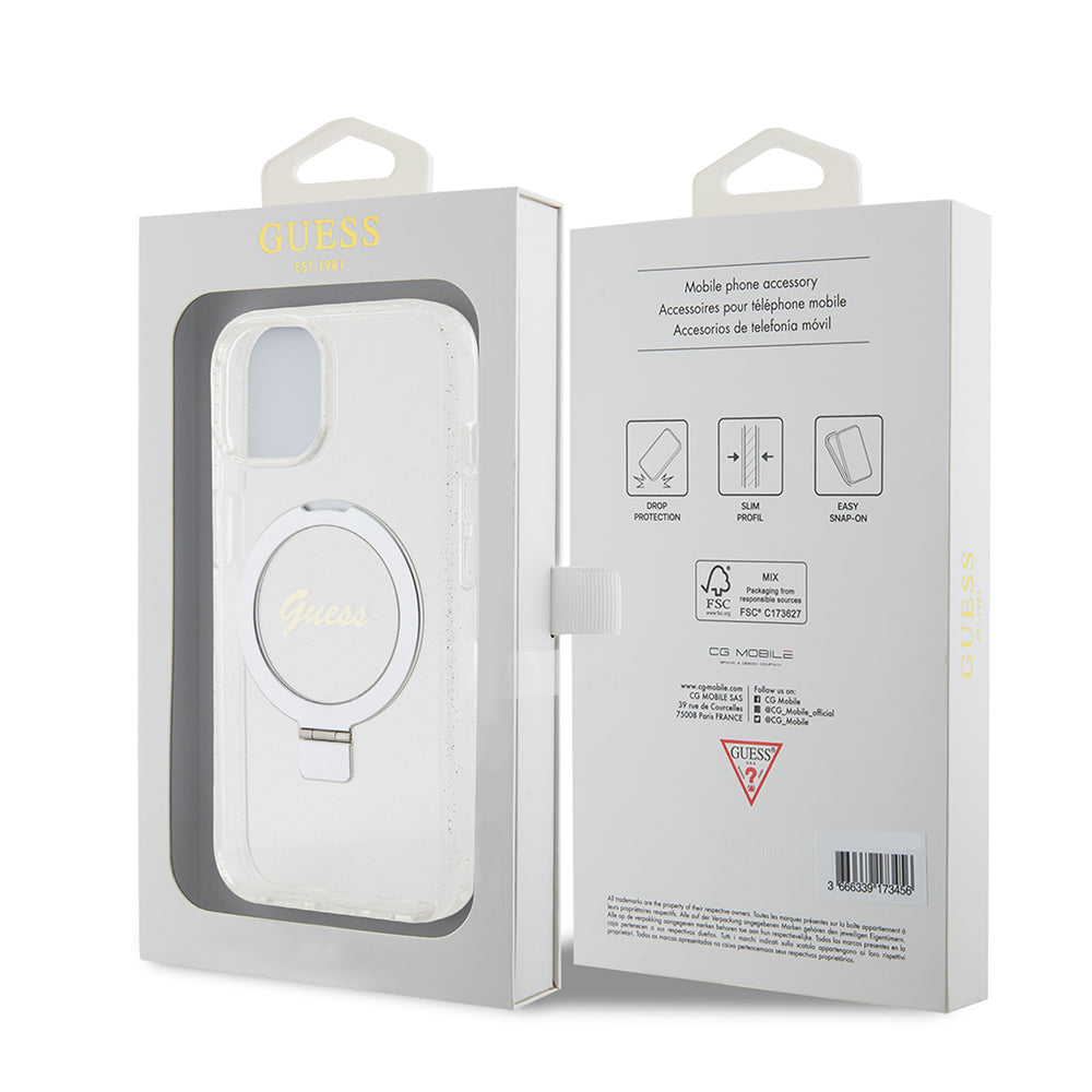 Pouzdro MagSafe pro Apple iPhone 15, Guess, Ring Stand Script Glitter, Průhledné