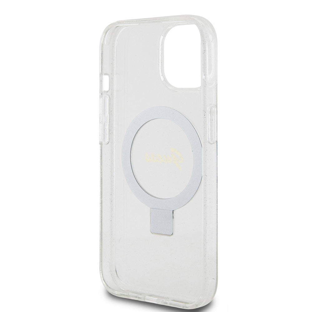 Pouzdro MagSafe pro Apple iPhone 15, Guess, Ring Stand Script Glitter, Průhledné