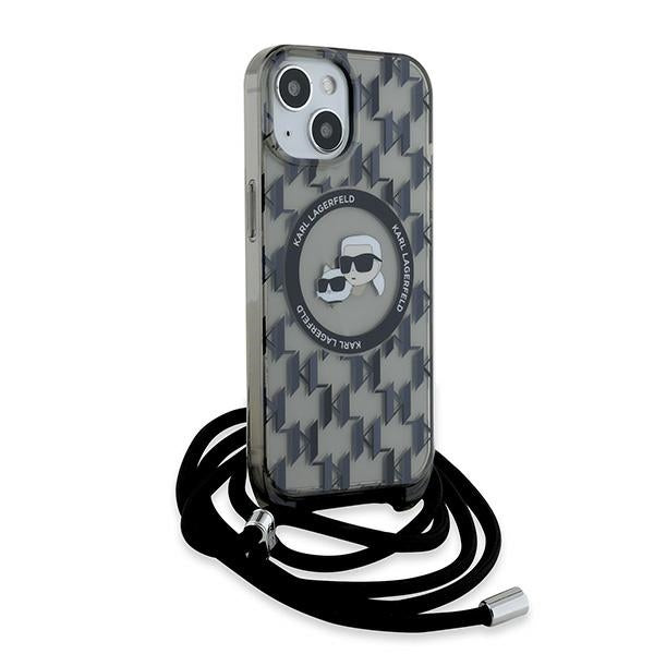 MagSafe Case for Apple iPhone 15, Karl Lagerfeld, IML Crossbody Monogram Karl & Choupette's Heads, Black