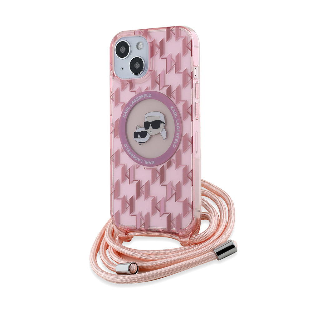 MagSafe Case for Apple iPhone 15, Karl Lagerfeld, IML Crossbody Monogram Karl & Choupette's Heads, Pink