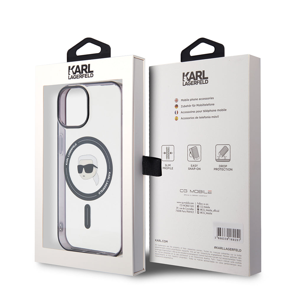 Pouzdro MagSafe pro Apple iPhone 15, Karl Lagerfeld, IML Karl's Head, Průhledné