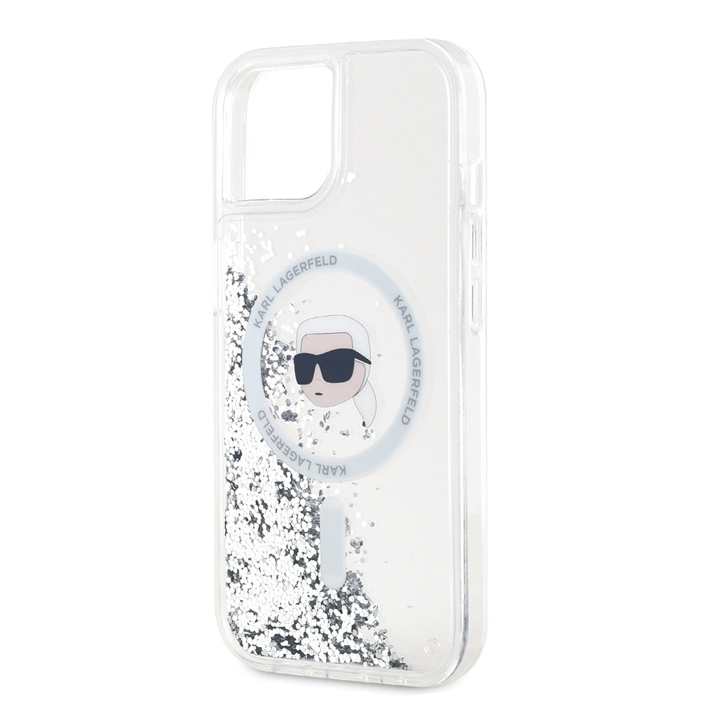 Pouzdro MagSafe pro Apple iPhone 15, Karl Lagerfeld, Liquid Glitter Karl's Head, Průhledné