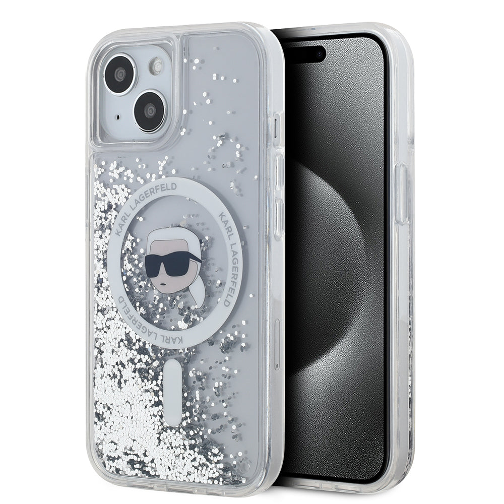 Pouzdro MagSafe pro Apple iPhone 15, Karl Lagerfeld, Liquid Glitter Karl's Head, Průhledné