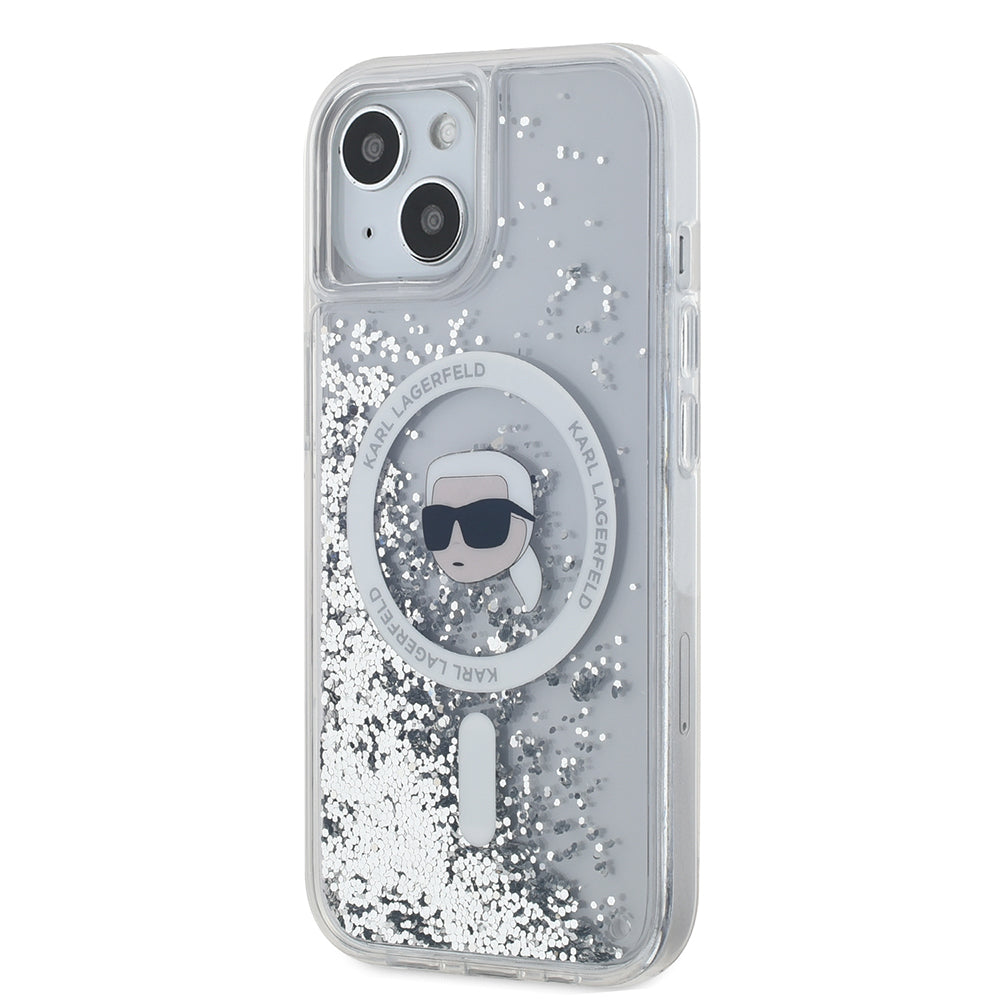 Pouzdro MagSafe pro Apple iPhone 15, Karl Lagerfeld, Liquid Glitter Karl's Head, Průhledné