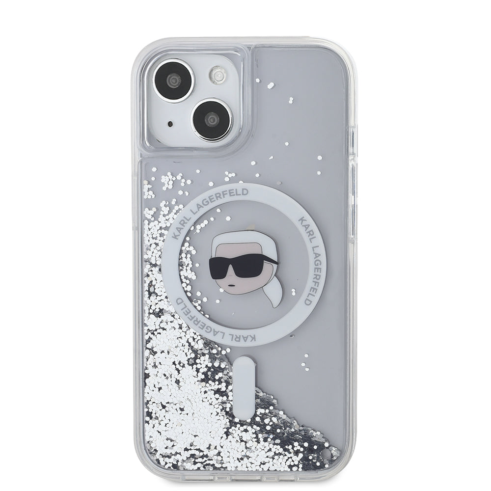 Pouzdro MagSafe pro Apple iPhone 15, Karl Lagerfeld, Liquid Glitter Karl's Head, Průhledné