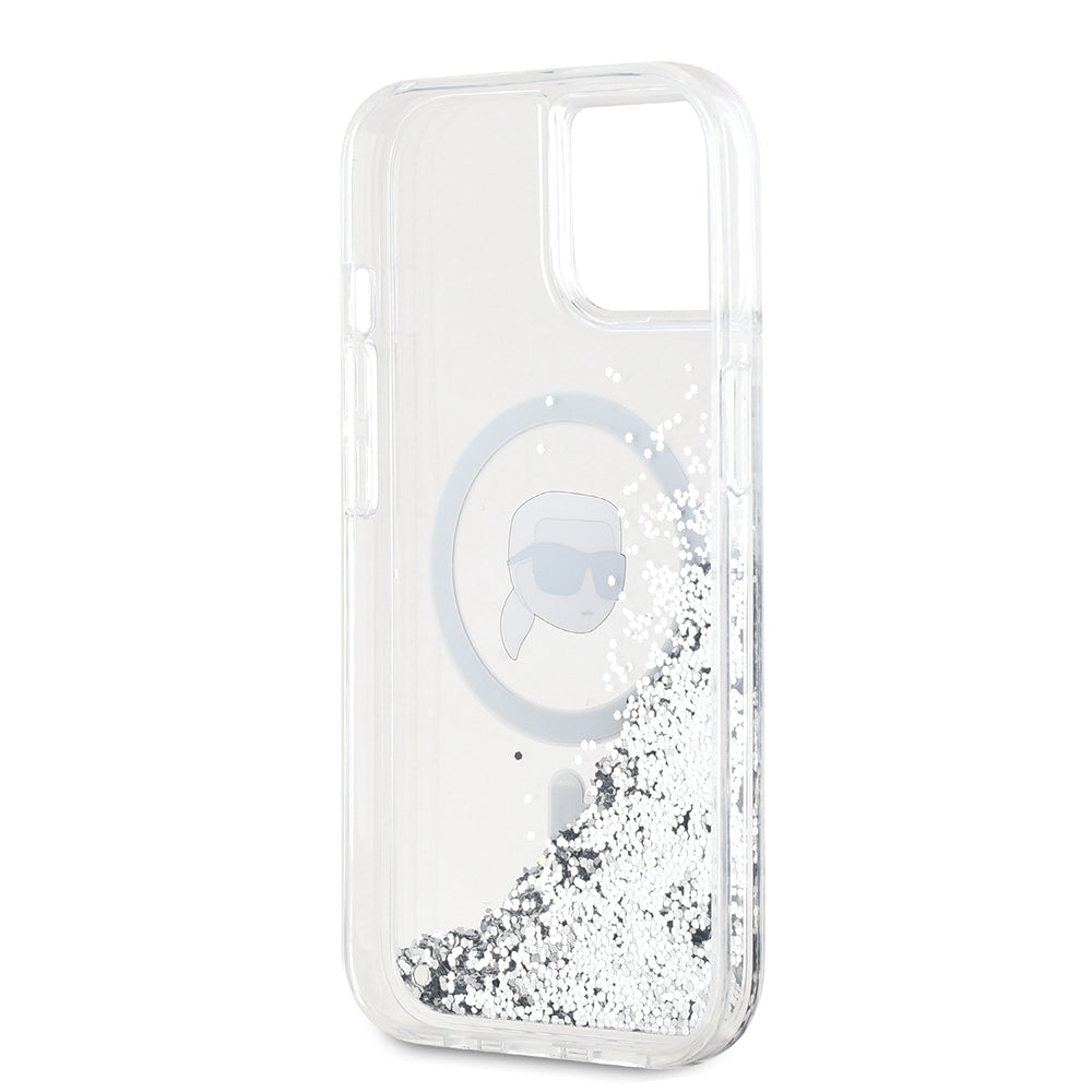 Pouzdro MagSafe pro Apple iPhone 15, Karl Lagerfeld, Liquid Glitter Karl's Head, Průhledné
