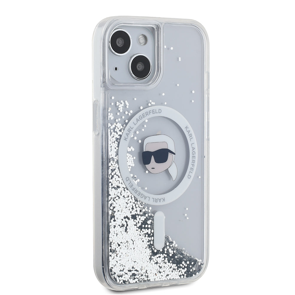 Pouzdro MagSafe pro Apple iPhone 15, Karl Lagerfeld, Liquid Glitter Karl's Head, Průhledné