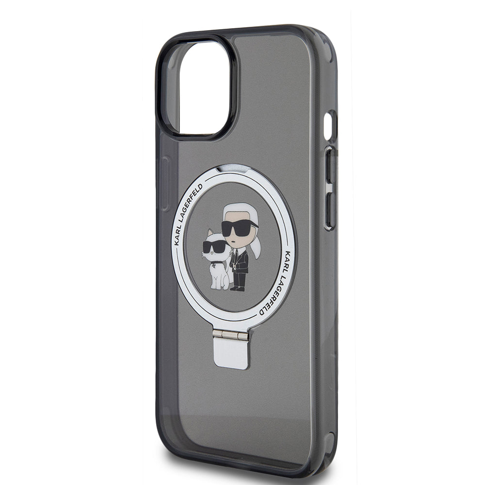 MagSafe Case for Apple iPhone 15, Karl Lagerfeld, Ring Stand Karl & Choupette, Black