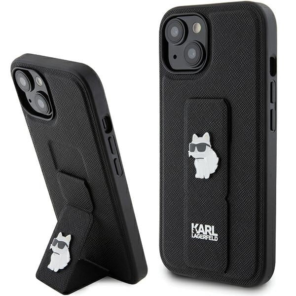 Pouzdro MagSafe pro Apple iPhone 15, Karl Lagerfeld, Saffiano Gripstand Choupette, Černá