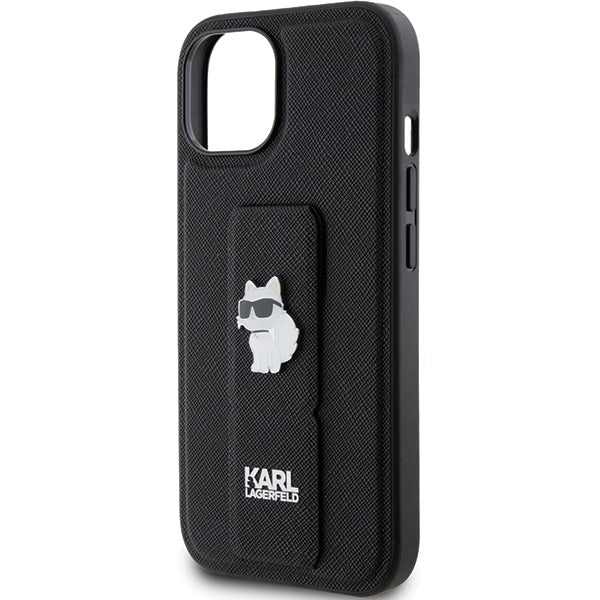 Pouzdro MagSafe pro Apple iPhone 15, Karl Lagerfeld, Saffiano Gripstand Choupette, Černá