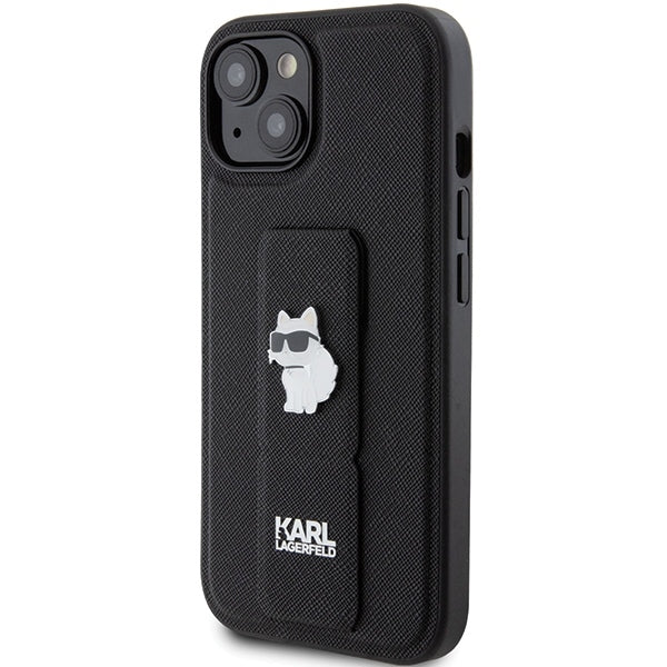 Pouzdro MagSafe pro Apple iPhone 15, Karl Lagerfeld, Saffiano Gripstand Choupette, Černá