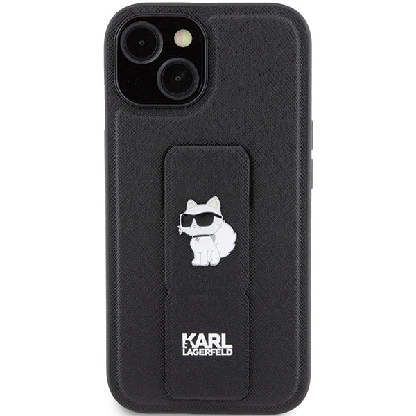 Pouzdro MagSafe pro Apple iPhone 15, Karl Lagerfeld, Saffiano Gripstand Choupette, Černá