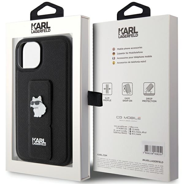 Pouzdro MagSafe pro Apple iPhone 15, Karl Lagerfeld, Saffiano Gripstand Choupette, Černá