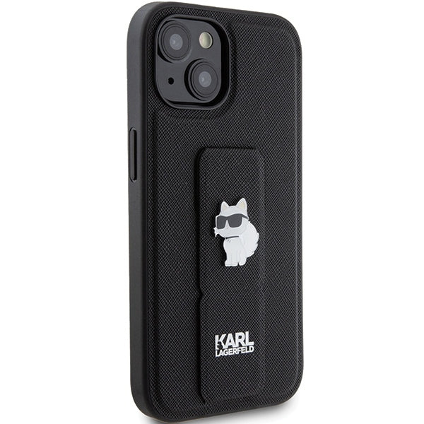 Pouzdro MagSafe pro Apple iPhone 15, Karl Lagerfeld, Saffiano Gripstand Choupette, Černá