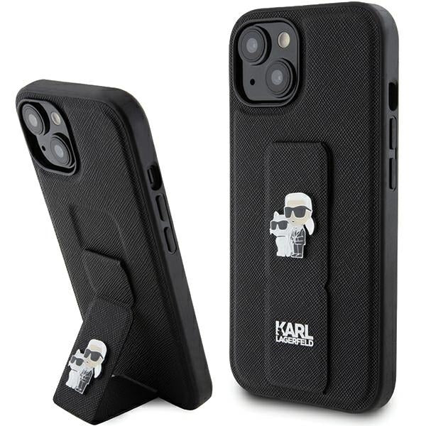 Pouzdro MagSafe pro Apple iPhone 15, Karl Lagerfeld, Saffiano Gripstand Karl & Choupette, Černá