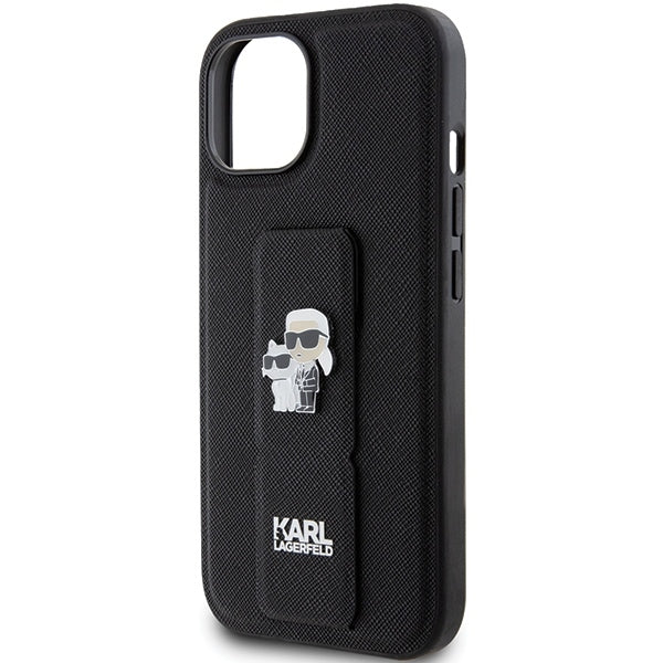Pouzdro MagSafe pro Apple iPhone 15, Karl Lagerfeld, Saffiano Gripstand Karl & Choupette, Černá