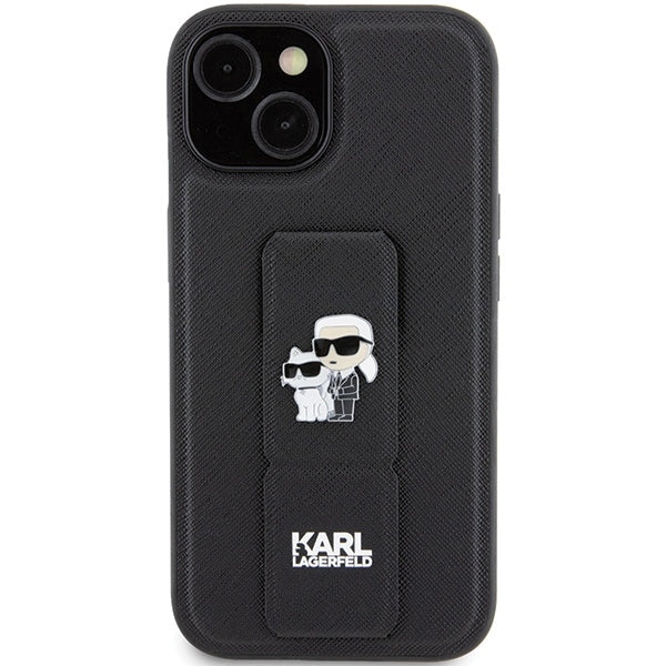 Pouzdro MagSafe pro Apple iPhone 15, Karl Lagerfeld, Saffiano Gripstand Karl & Choupette, Černá