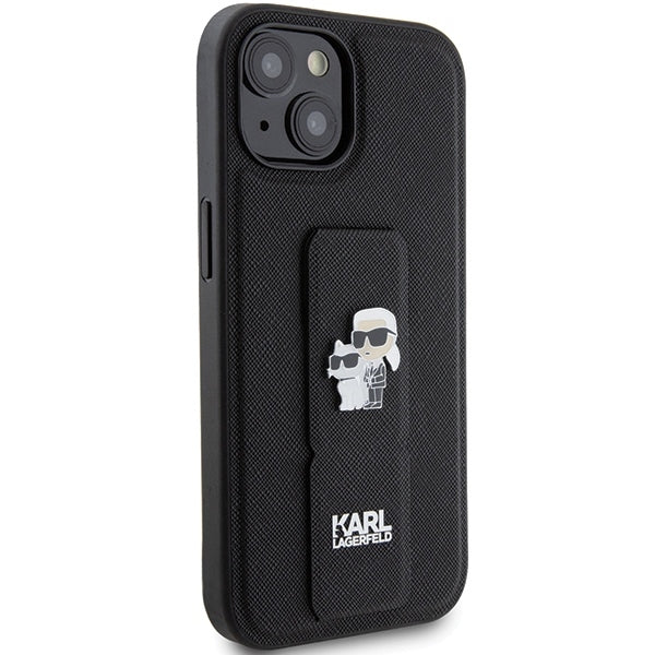 Pouzdro MagSafe pro Apple iPhone 15, Karl Lagerfeld, Saffiano Gripstand Karl & Choupette, Černá