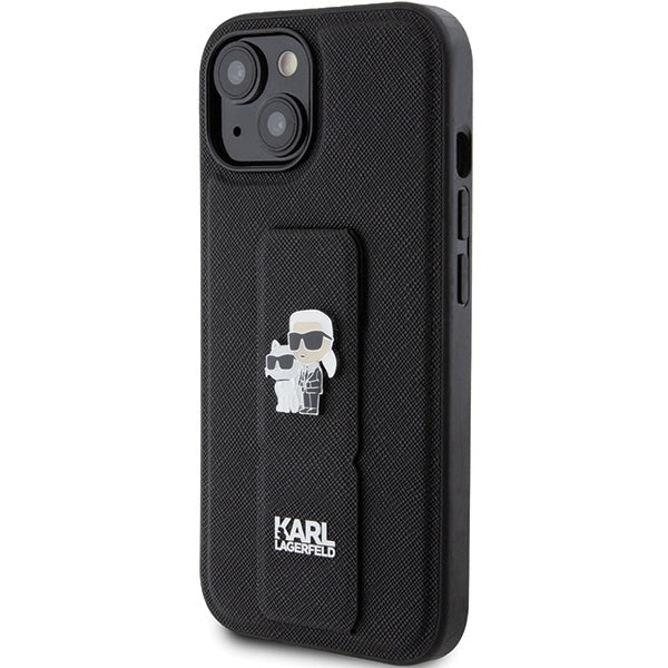 Pouzdro MagSafe pro Apple iPhone 15, Karl Lagerfeld, Saffiano Gripstand Karl & Choupette, Černá
