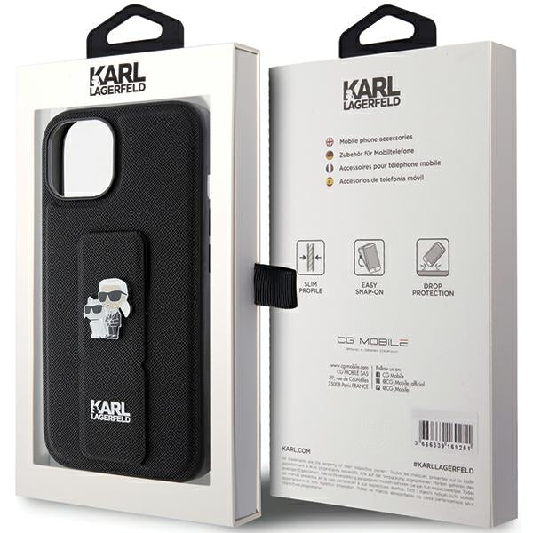 Pouzdro MagSafe pro Apple iPhone 15, Karl Lagerfeld, Saffiano Gripstand Karl & Choupette, Černá