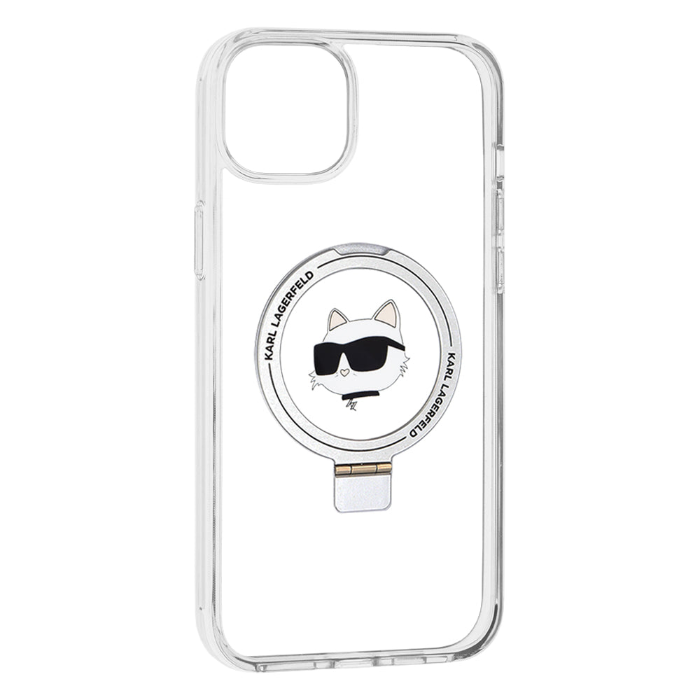 Pouzdro MagSafe pro Apple iPhone 15 Plus / 14 Plus, Karl Lagerfeld, Ring Stand Choupette's Head, Bílá