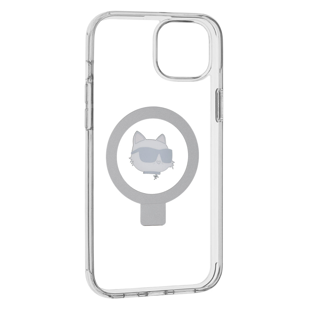 Pouzdro MagSafe pro Apple iPhone 15 Plus / 14 Plus, Karl Lagerfeld, Ring Stand Choupette's Head, Bílá