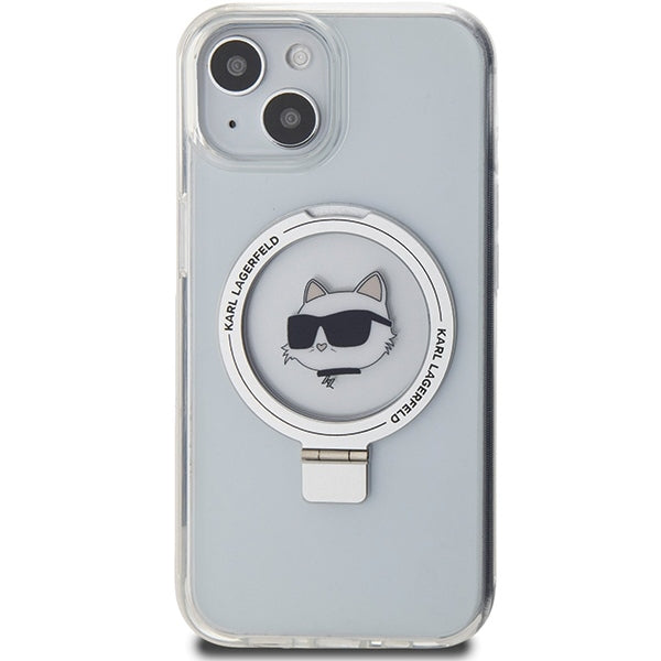 Pouzdro MagSafe pro Apple iPhone 15 Plus / 14 Plus, Karl Lagerfeld, Ring Stand Choupette's Head, Bílá